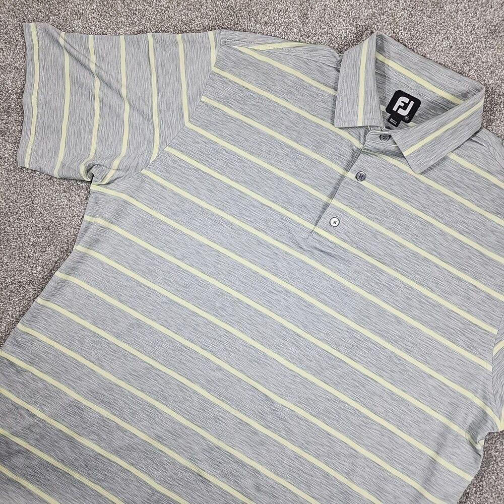 FJ Footjoy Golf Men's Short Sleeve Polo Shirt Size XL Gray And Yellow Striped